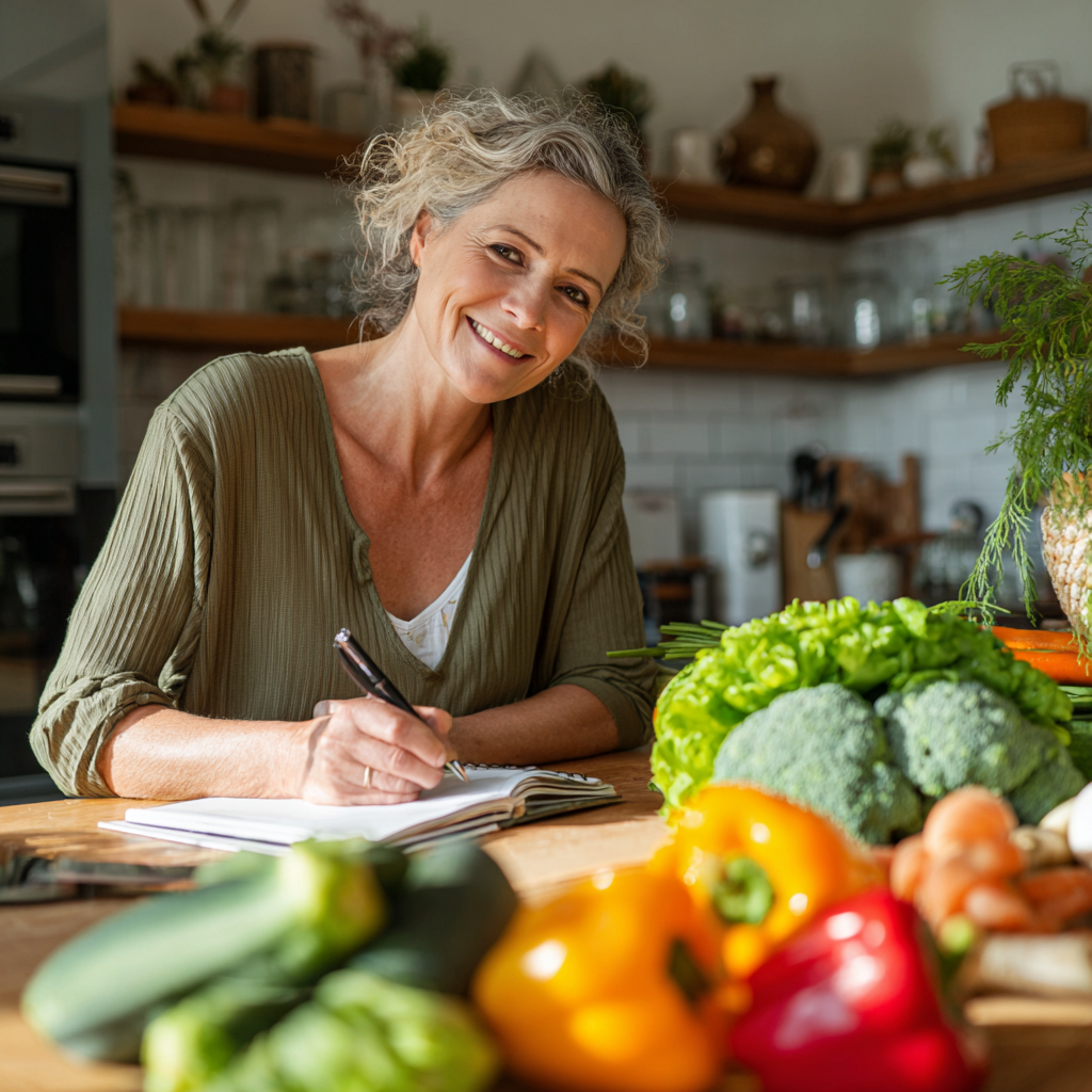 Happy middle-aged woman in her 40s sitting at kitchen table with fresh vegetables and fruits, planning healthy meals with notebook and ingredients spread around, natural lighting