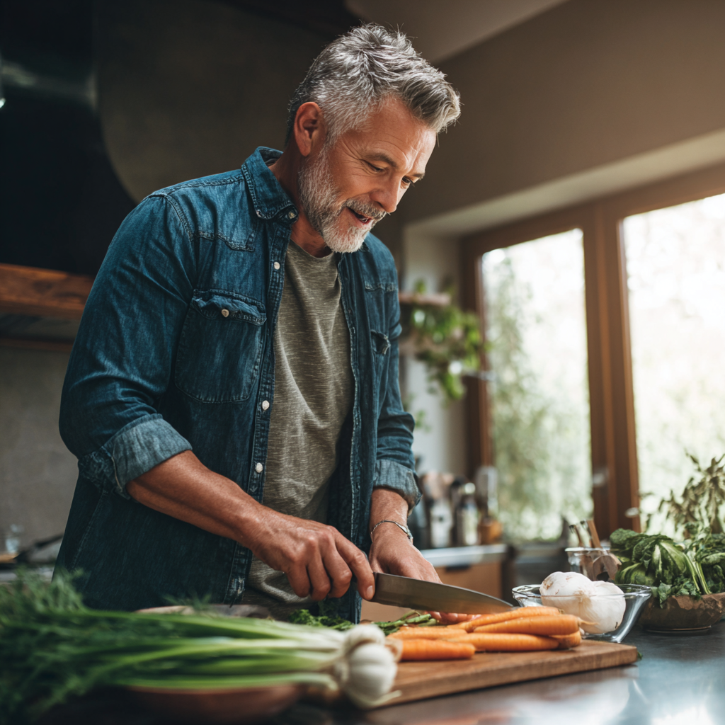 Mature man in his 50s cooking healthy meal in modern kitchen, chopping fresh vegetables with smile, wearing casual clothes, natural window lighting creating warm atmosphere